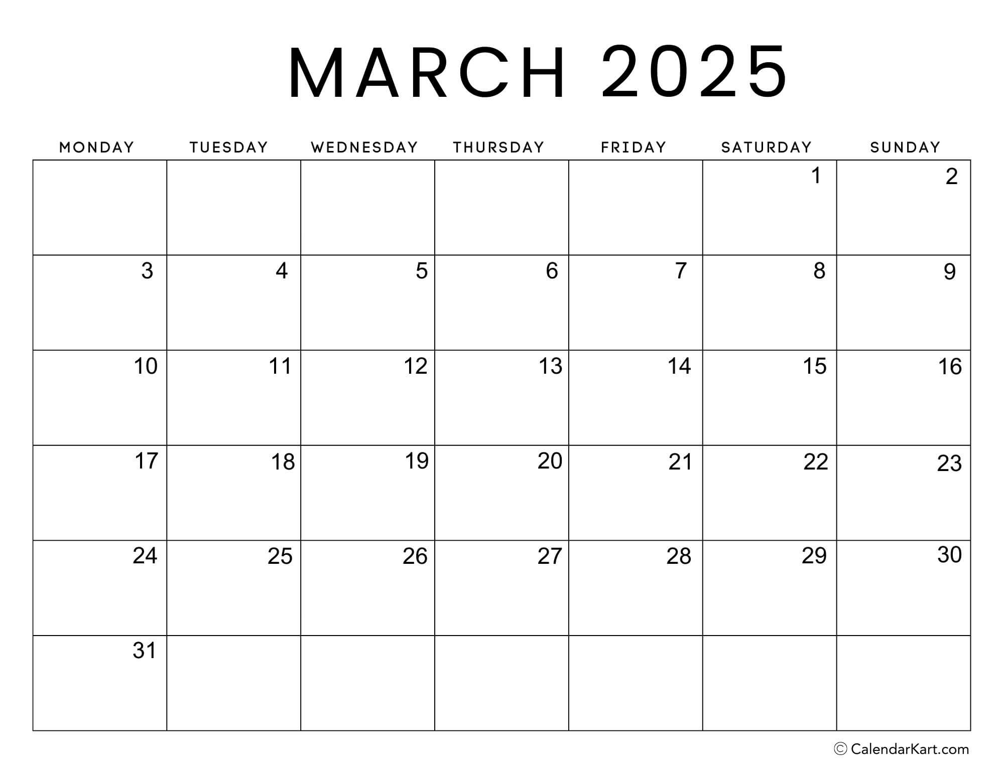 Blank Calendar 2025 Starting On Monday Printable