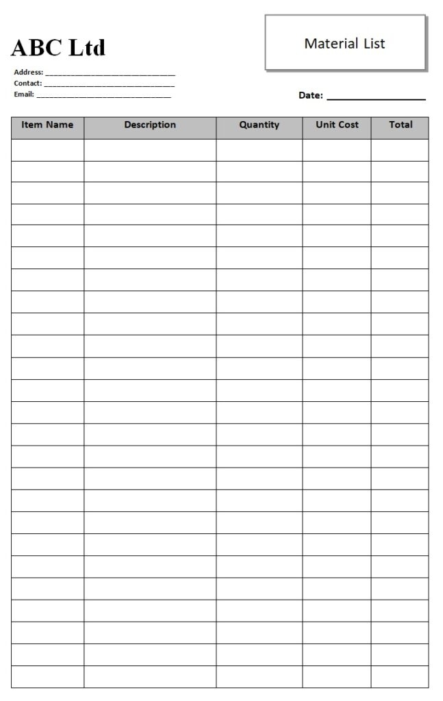 Printables Blank Material Lists For Projects Printables Blank Material Lists For Projects