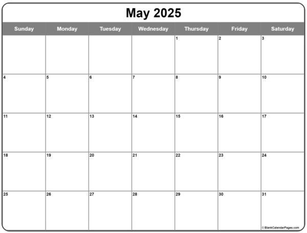 Blank May Calendar 2025 Printable Free