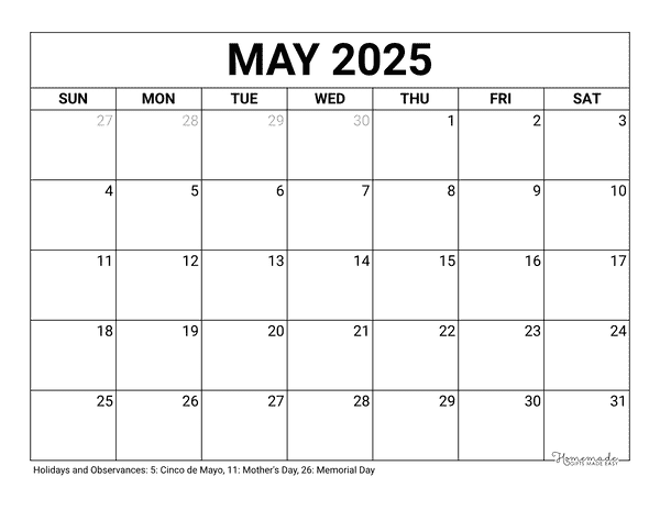 May 2025 Calendar Printable With Holidays
