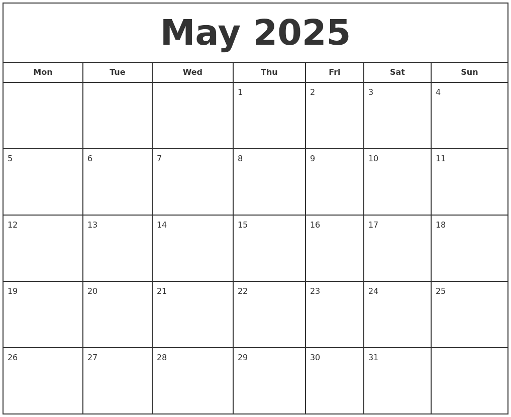 Blank May Calendar 2025 Printable Free