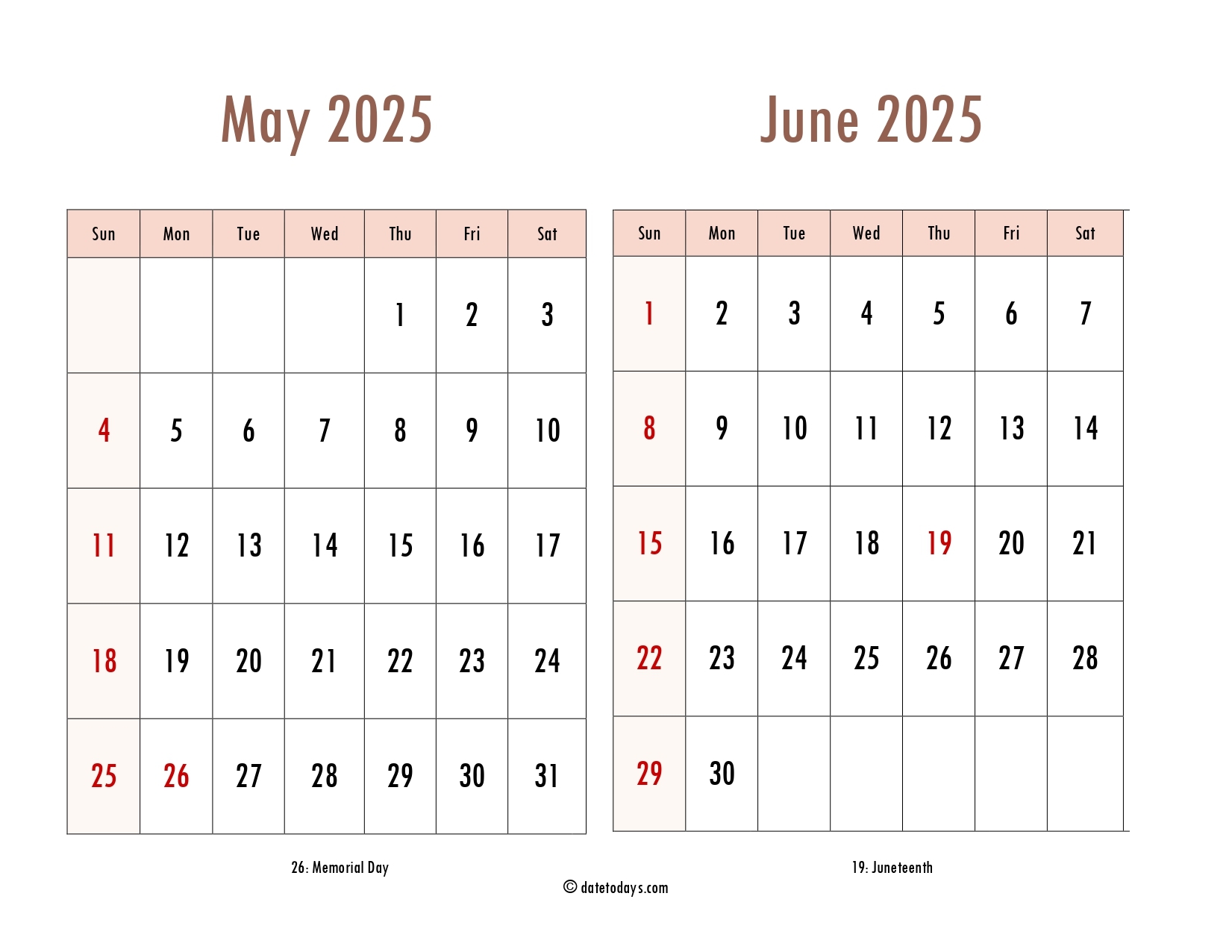 May June 2025 Calendar 2 Month Calendars Printable