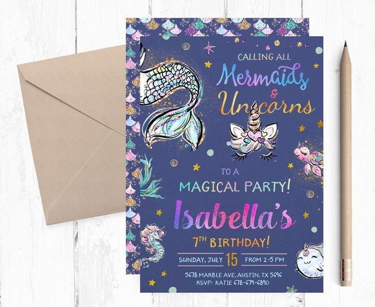 Mermaids And Unicorns Printable Birthday Invitation Mermaids Unicorns 