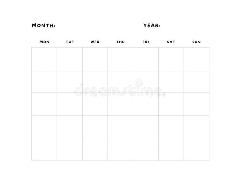 Monday Start Monthly Blank Template Stock Illustration Illustration 
