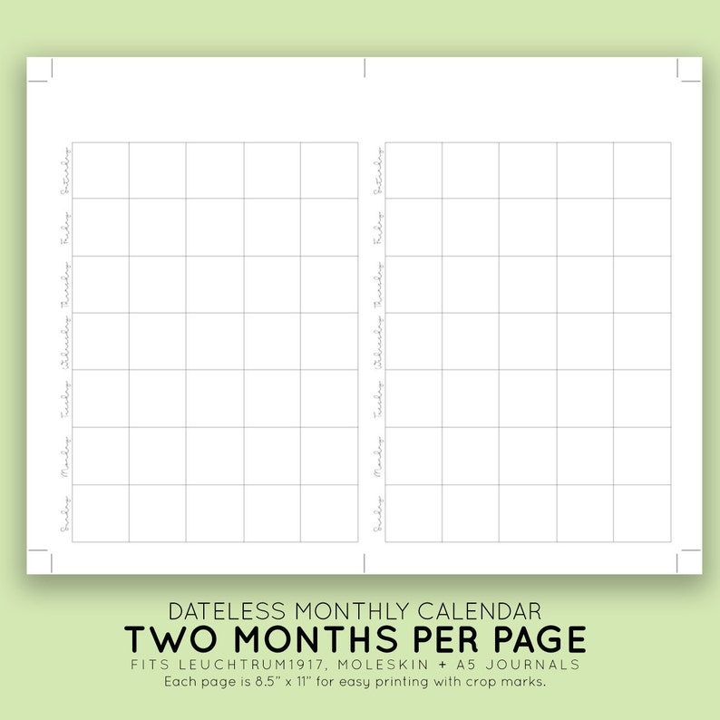Monthly Blank Calendar A5 Printable INSTANT DOWNLOAD Etsy