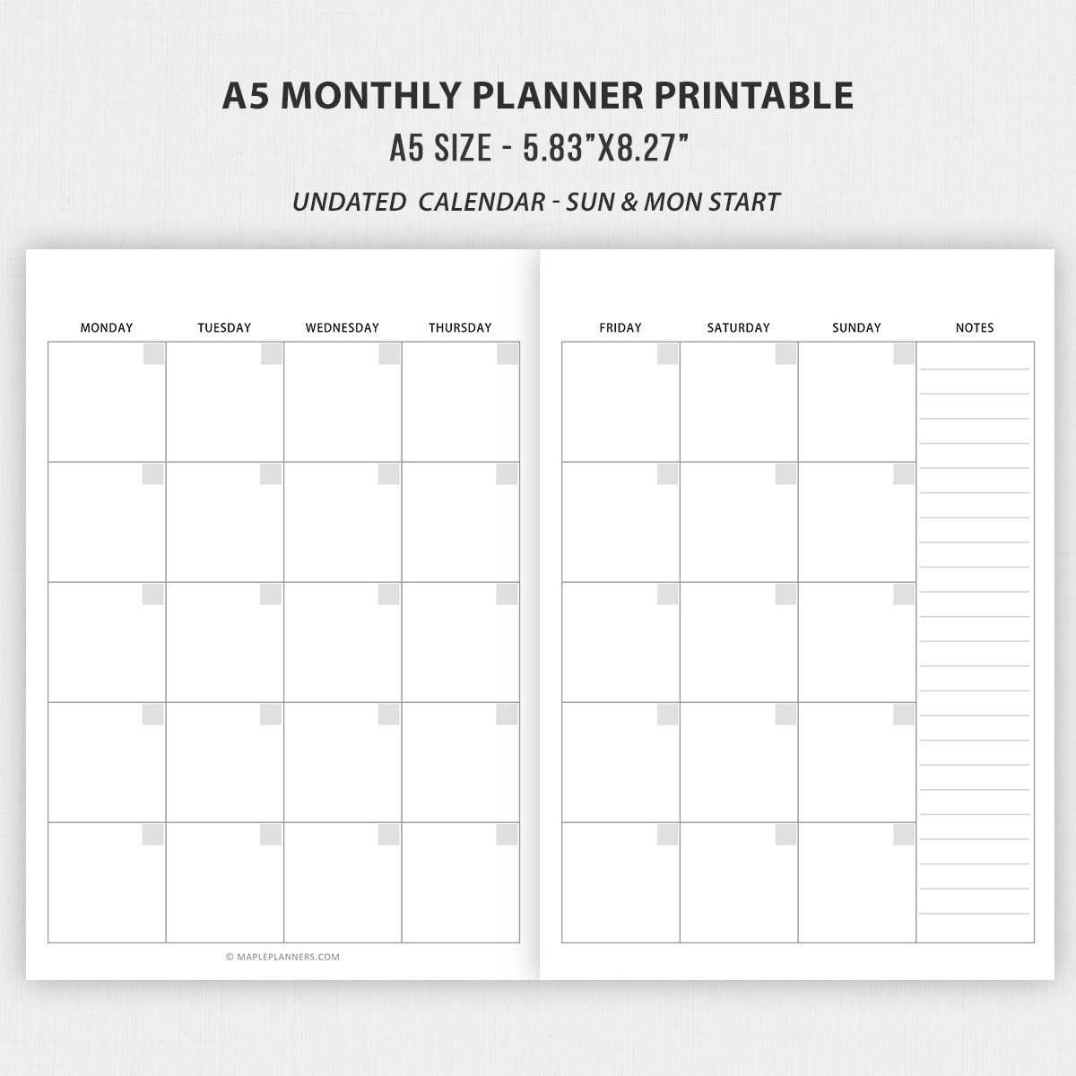 Free Printable A5 Monthly Blank Calendars