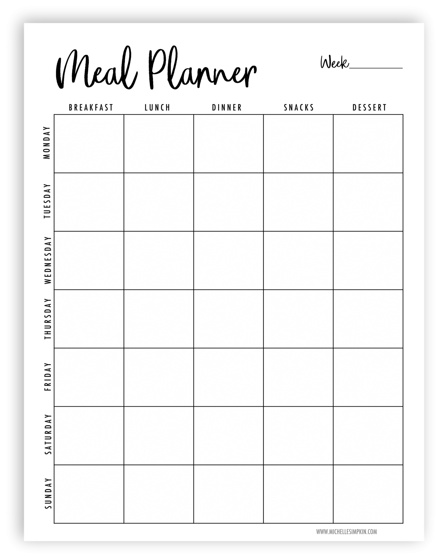 Cute Blank Monthly Calendar Printable Meal Plan