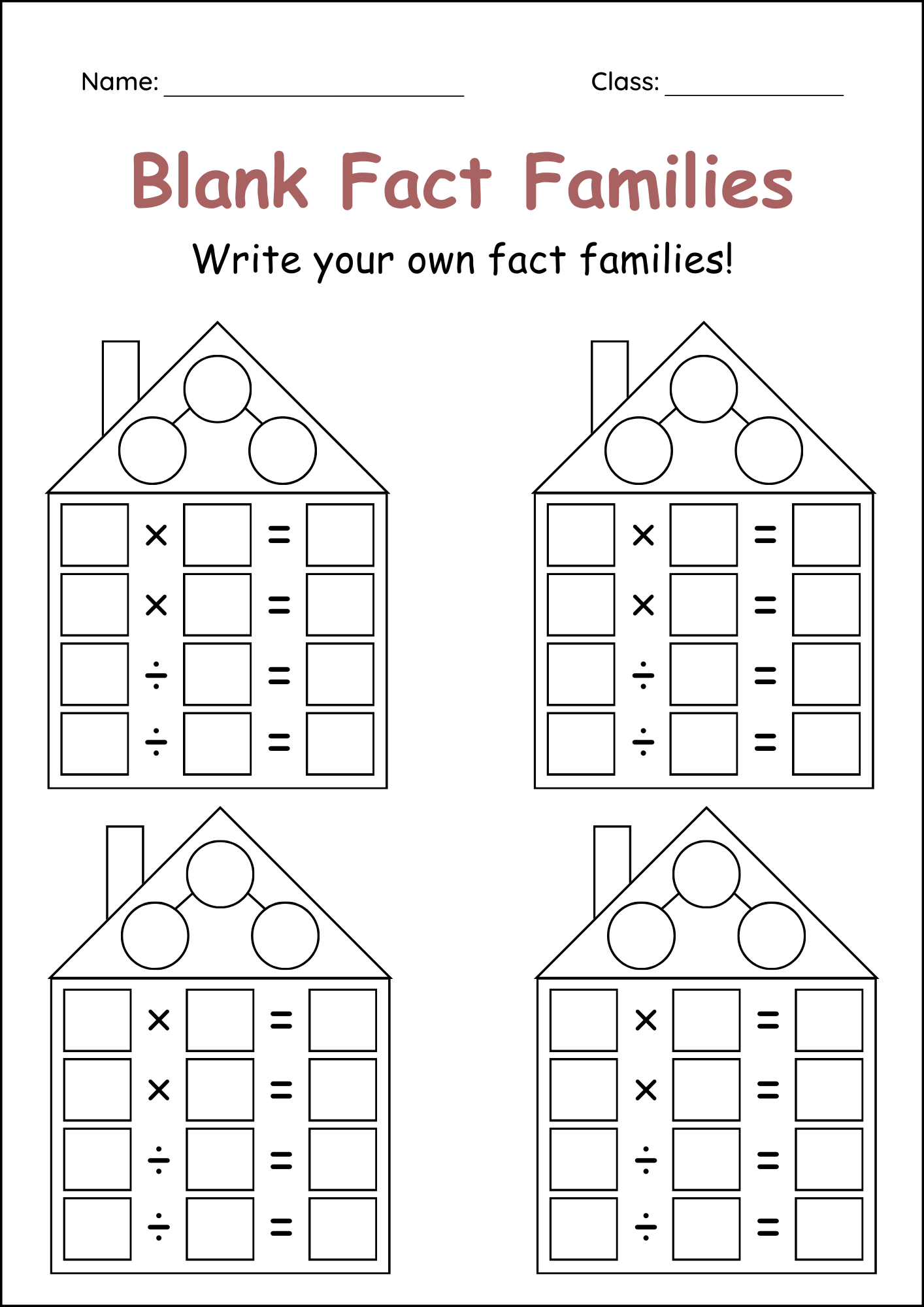 Multiplication And Division Blank Fact Families Houses Worksheets For 