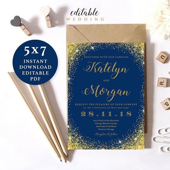 Navy Blue And Gold Sparkling Wedding Invitation Template 5x7 Instant Navy Blue And Gold Sparkling Wedding Invitation Template 5x7 Instant