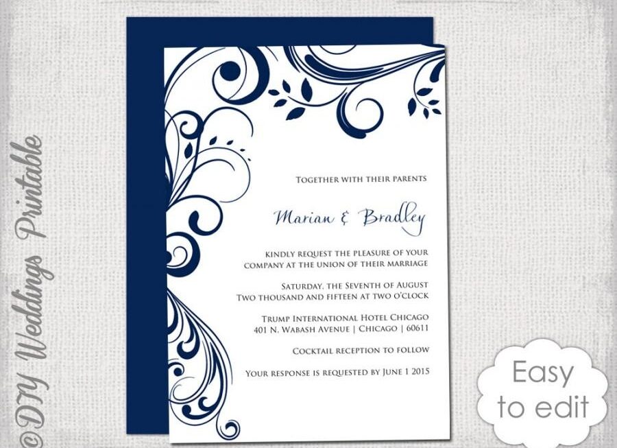 Navy Wedding Invitation Template quot Scroll quot Printable Invitations