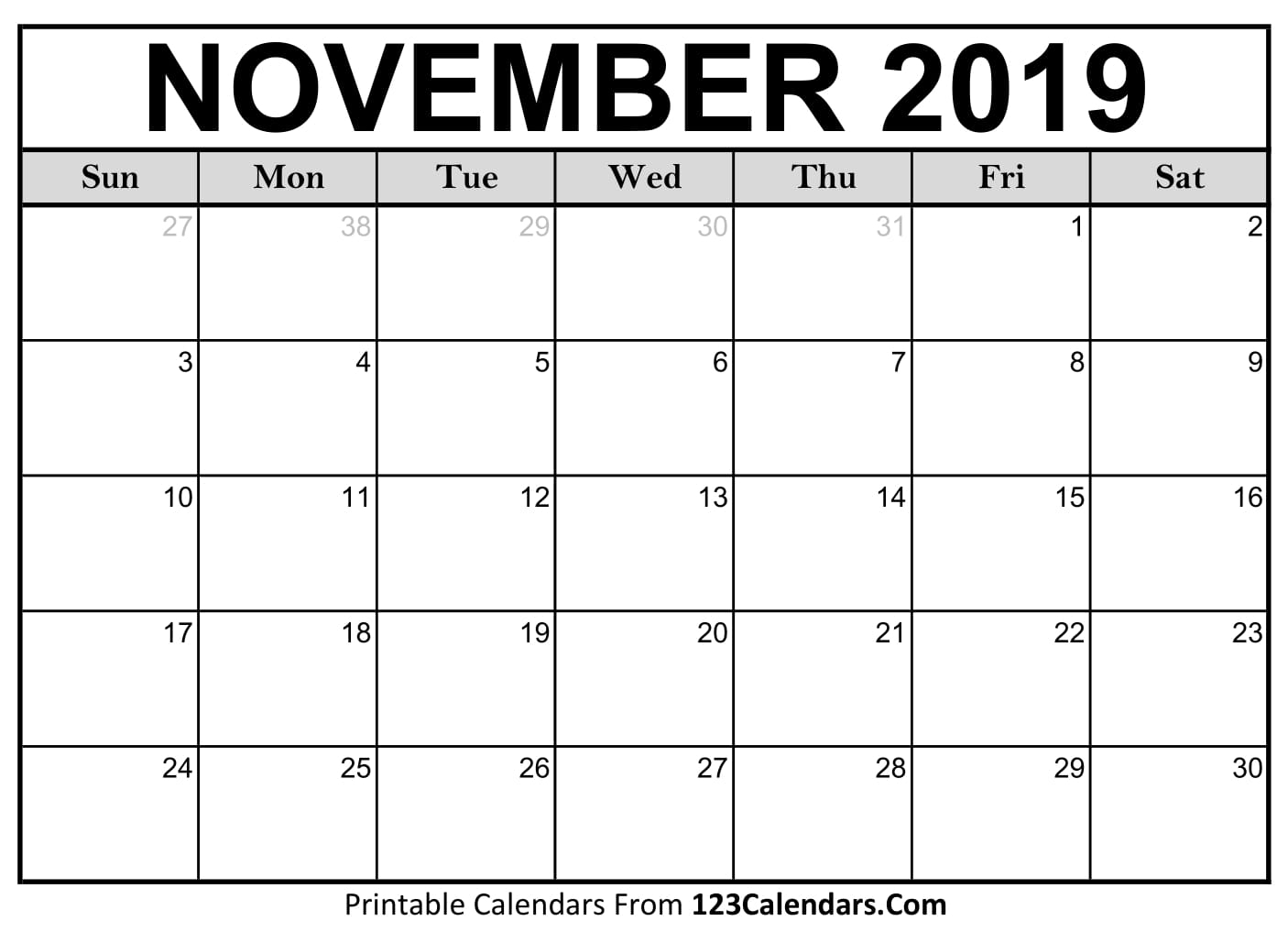 November 2019 Calendar Blank Easily Printable 123Calendars November 2019 Calendar Blank Easily Printable 123Calendars