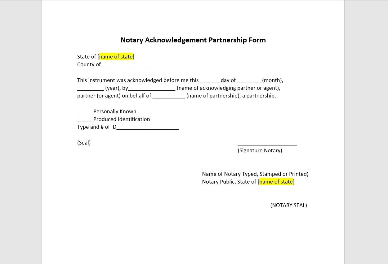 Partnership Notary Acknowledgement Form Notary Acknowledgement Form Partnership Notary Acknowledgement Form Notary Acknowledgement Form
