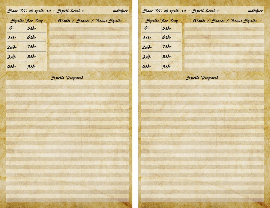 Printable Pathfinder Blank Spell Caster Sheet