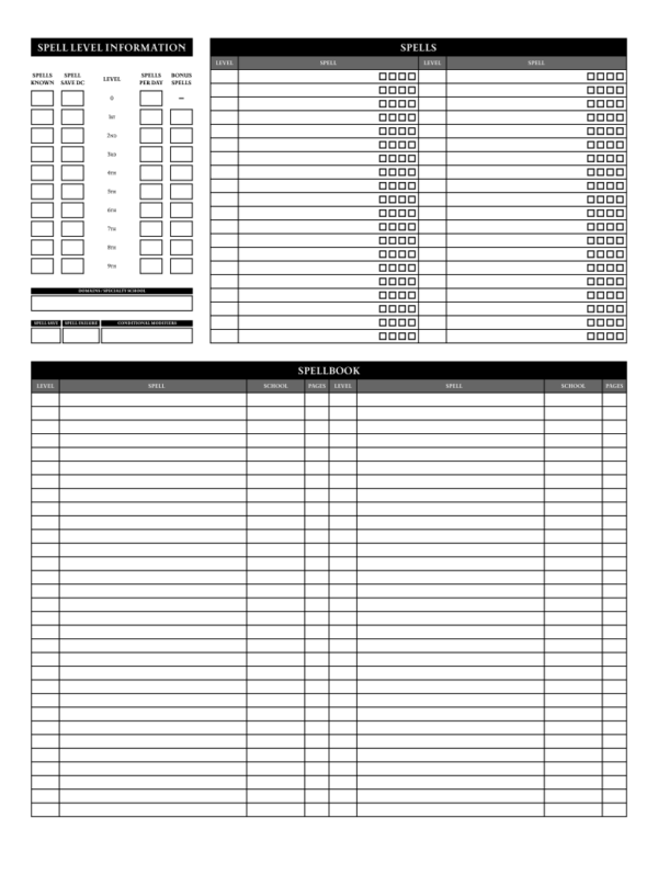 Printable Pathfinder Blank Spell Caster Sheet