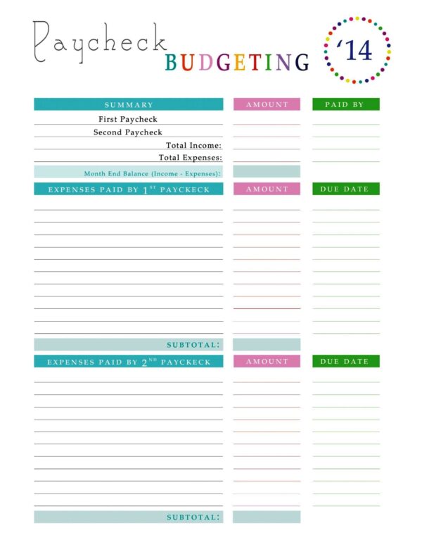 Blank Printable Paycheck Budget Spreadsheet Templates