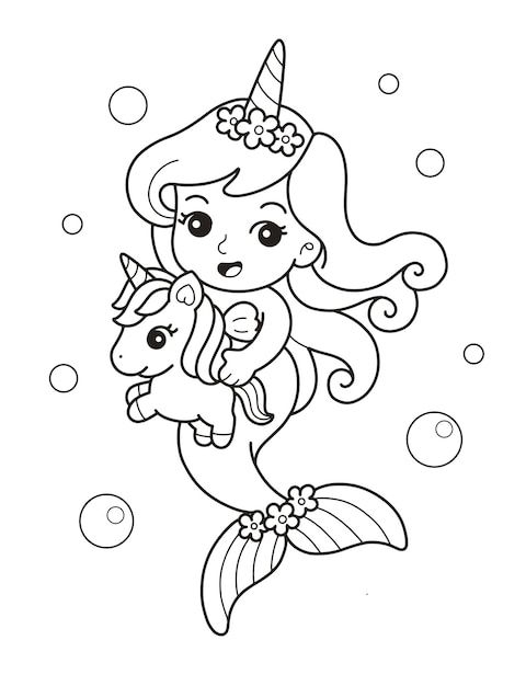 Premium Vector Beautiful Unicorn Mermaid Printable Coloring Page 
