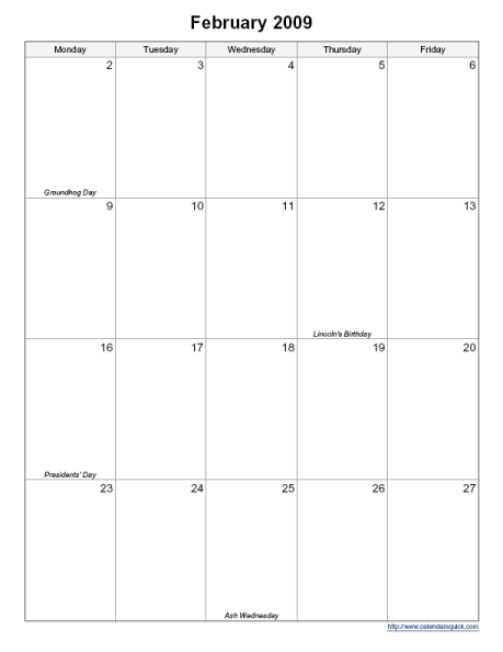 Printable 5 Day Monthly Calendar CalendarsQuick Printable 5 Day Monthly Calendar CalendarsQuick