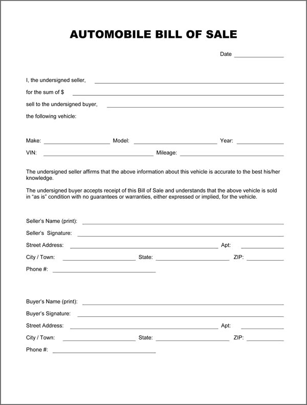 Printable Auto Bill Of Sale Form Printable Auto Bill Of Sale Form