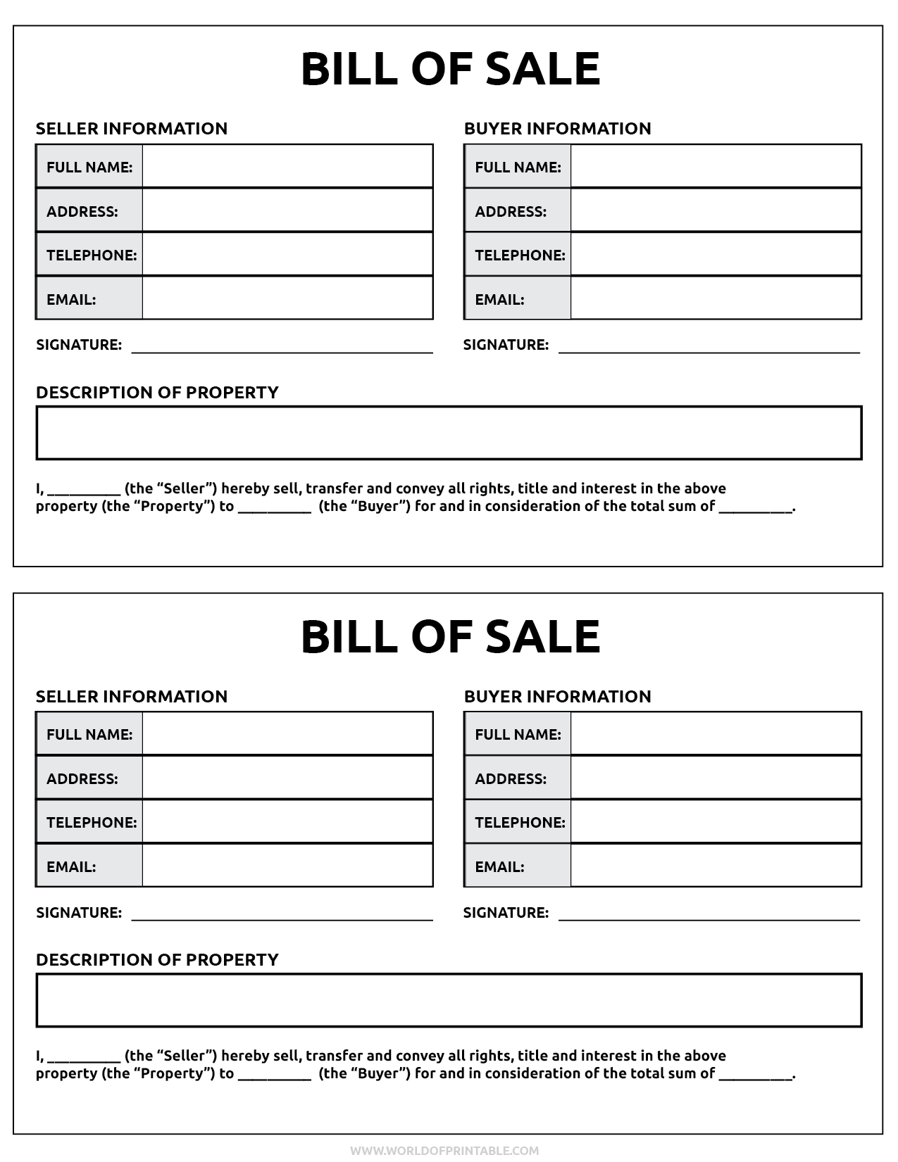 Bill Of Sale Form Blank Printable
