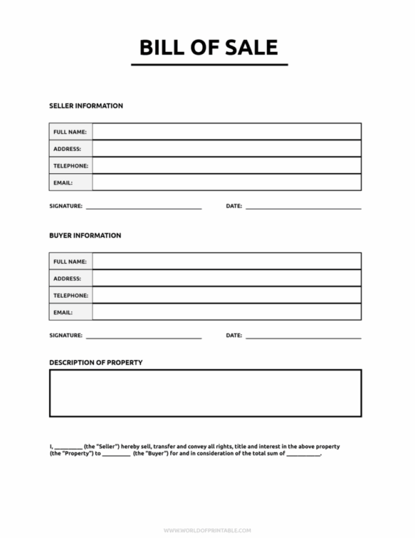 Blank Printable Bill Of Sale Template