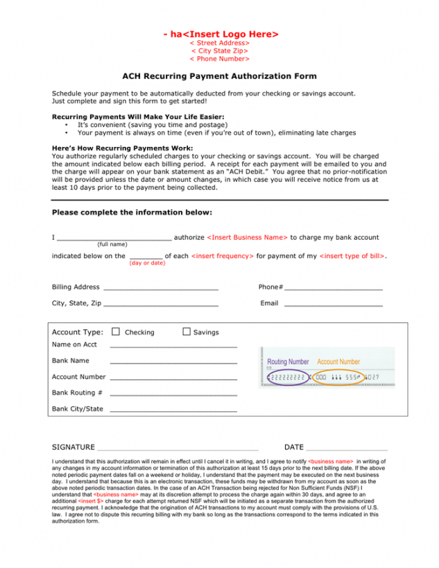 Printable Blank Ach Authorization Form Template