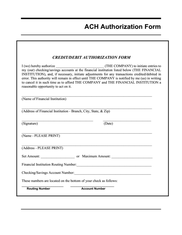 Printable Blank Ach Authorization Form Template