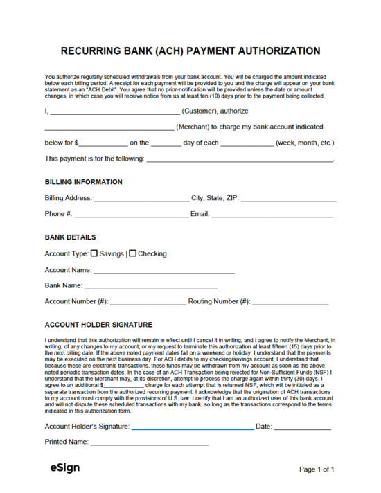 Printable Blank Ach Authorization Form Template Printable Forms Free 