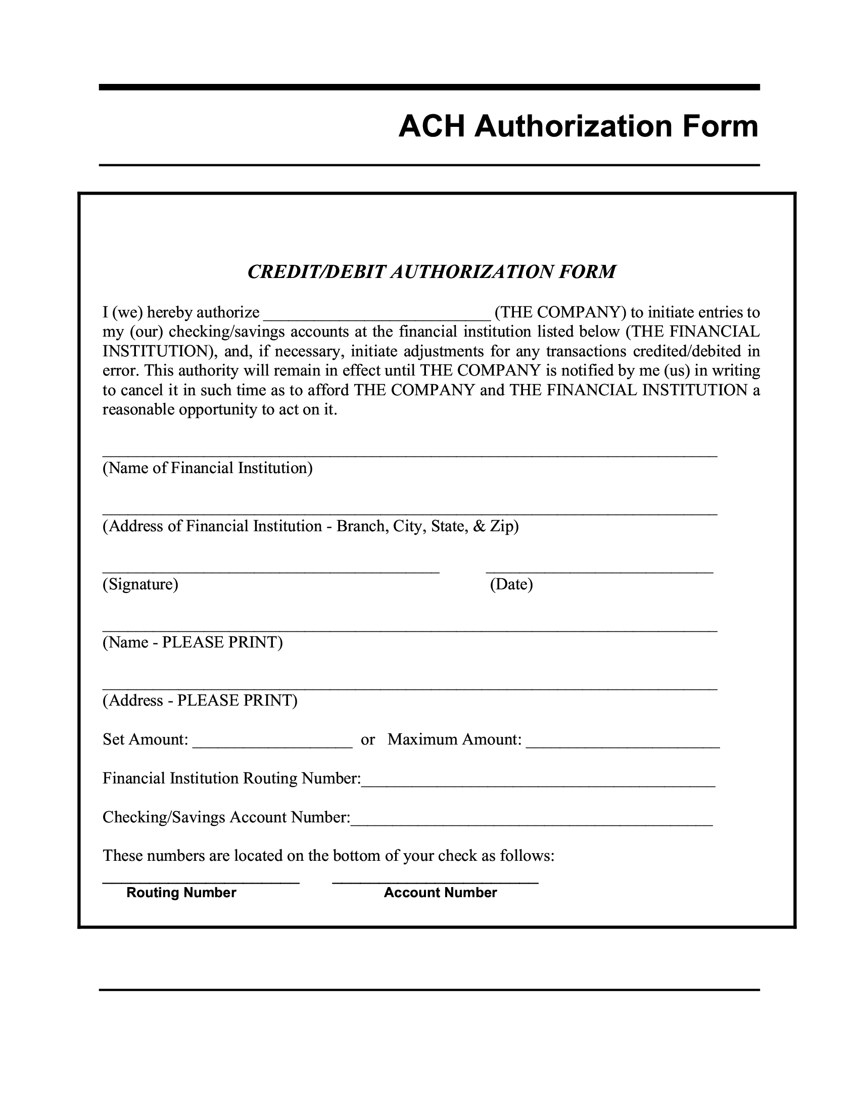 Printable Blank Ach Authorization Form Template