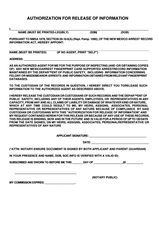 Printable Blank Authorization To Release Information Form Printable Blank Authorization To Release Information Form