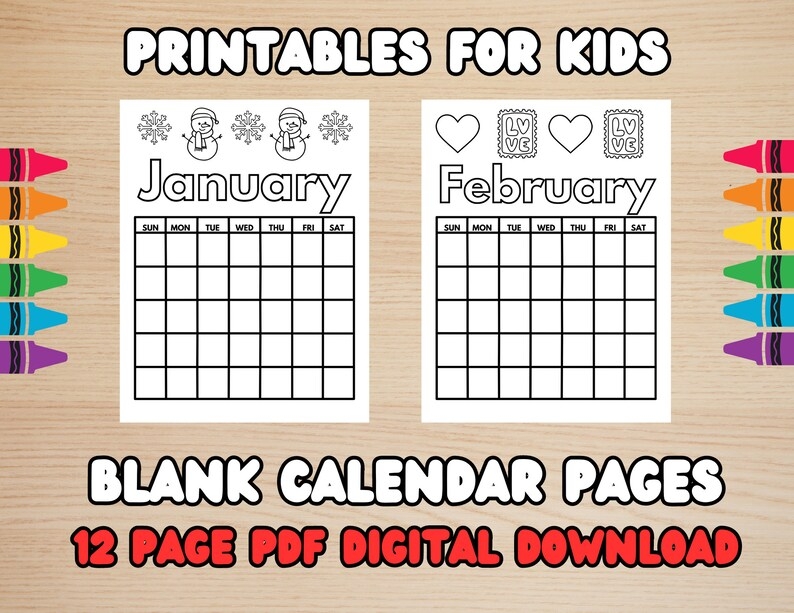 Printable Blank Calendar Pages For Kids 12 Page PDF Digital Download Printable Blank Calendar Pages For Kids 12 Page PDF Digital Download