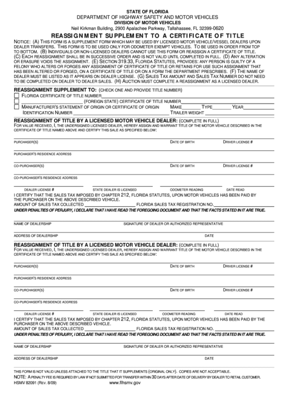 Florida Blank Title Transfer Form Printable