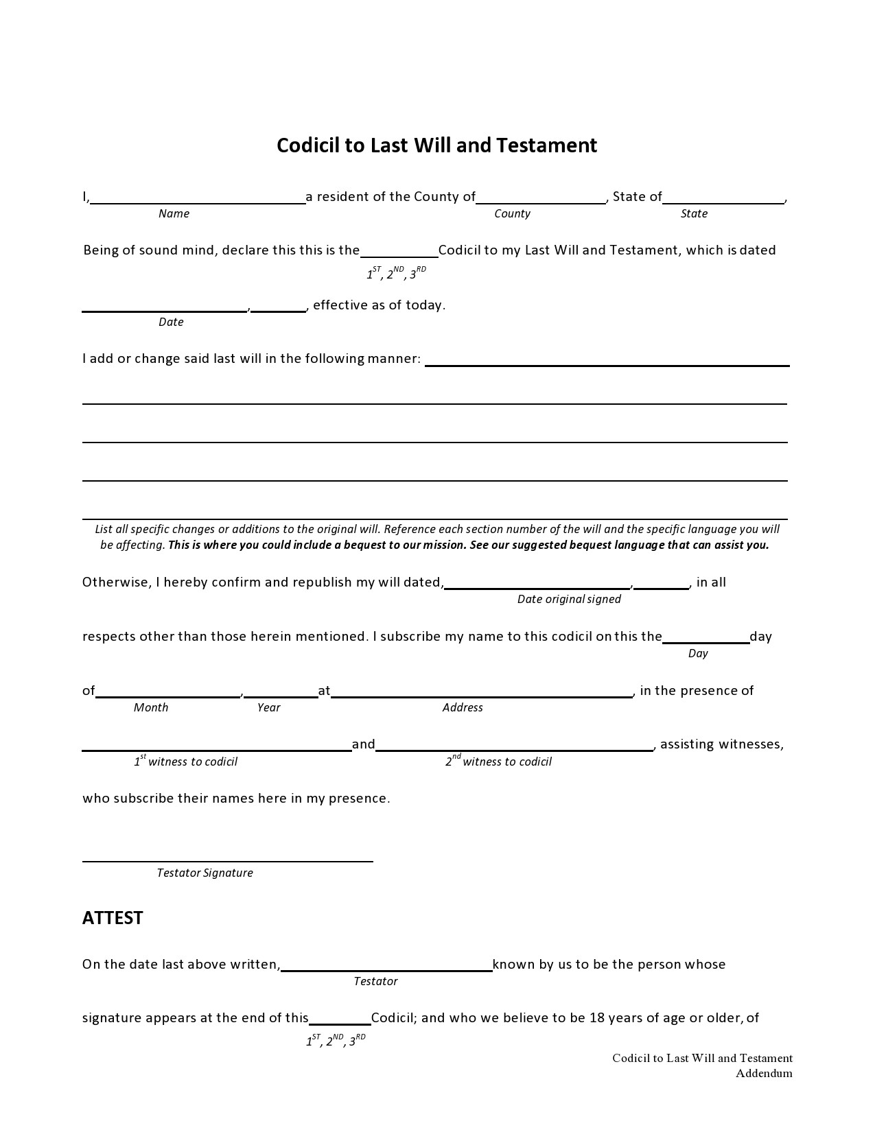 Printable Blank Codicil Form
