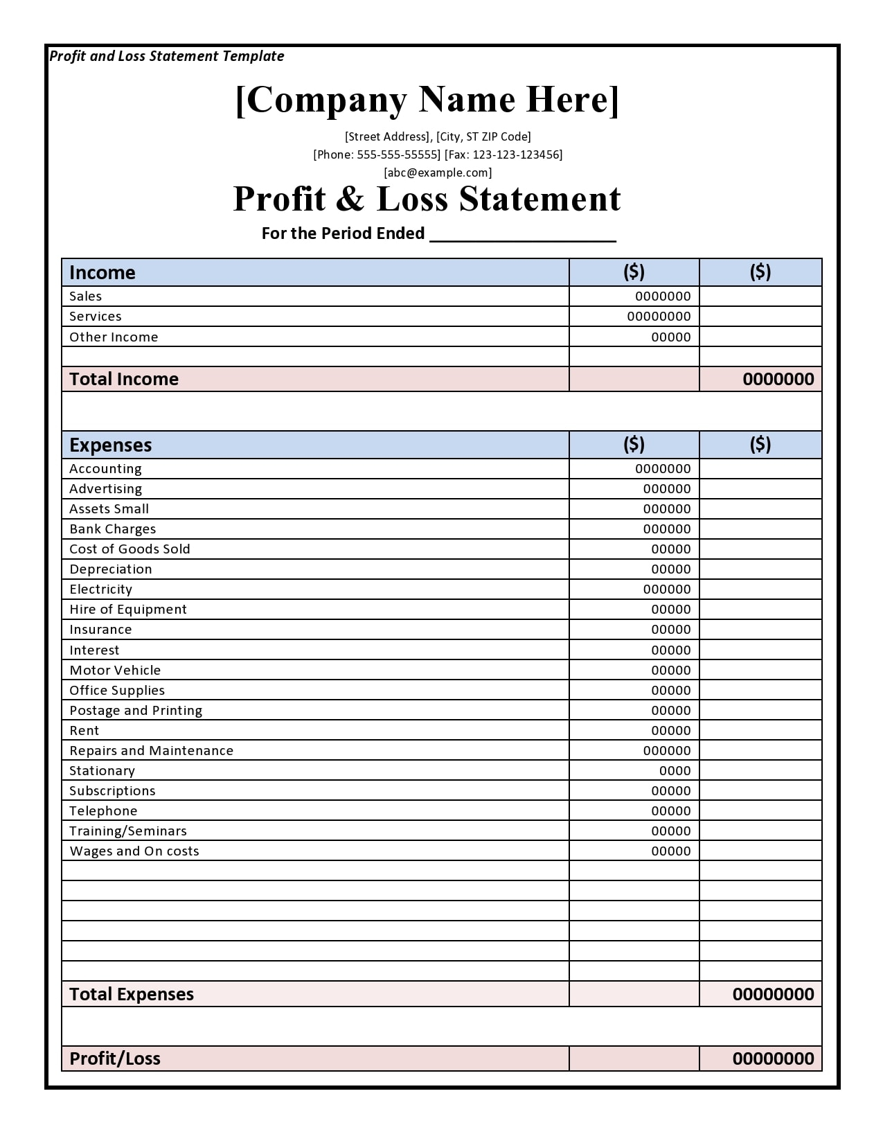 Printable Blank Profit And Loss Statement Printable Blank Profit And Loss Statement
