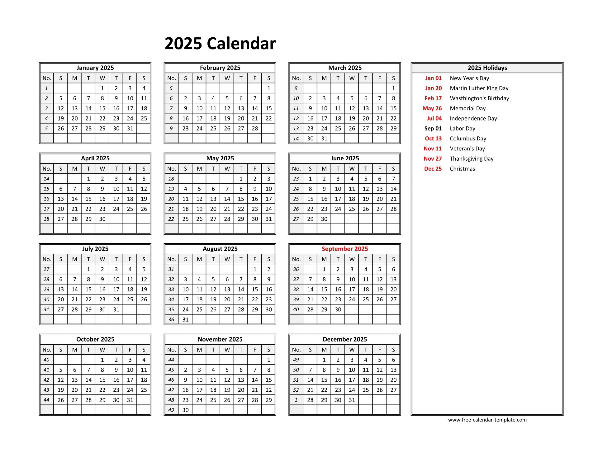 Free Printable Year Blank Calendar 2025