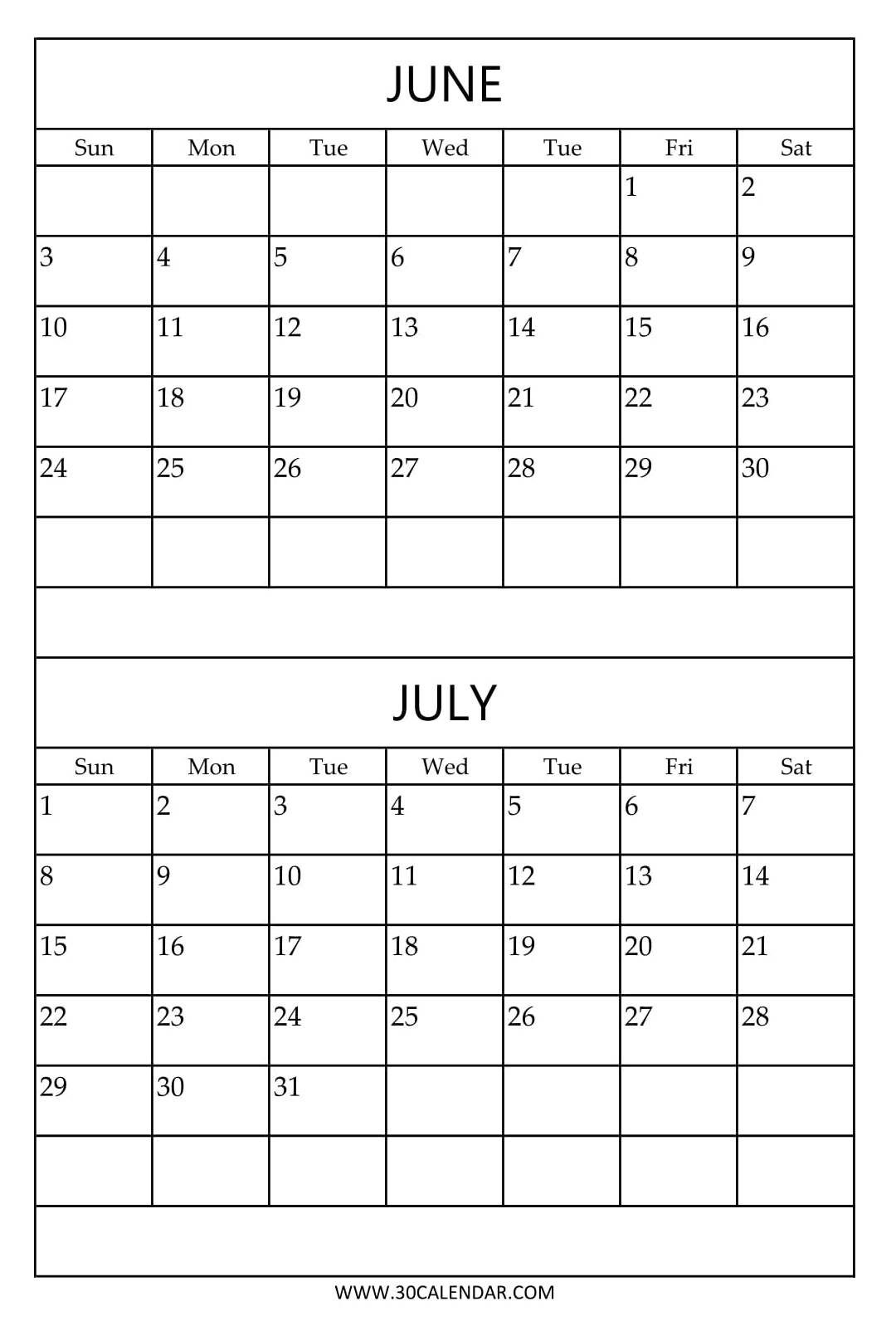 Printable Blank Calendar June July August 2025