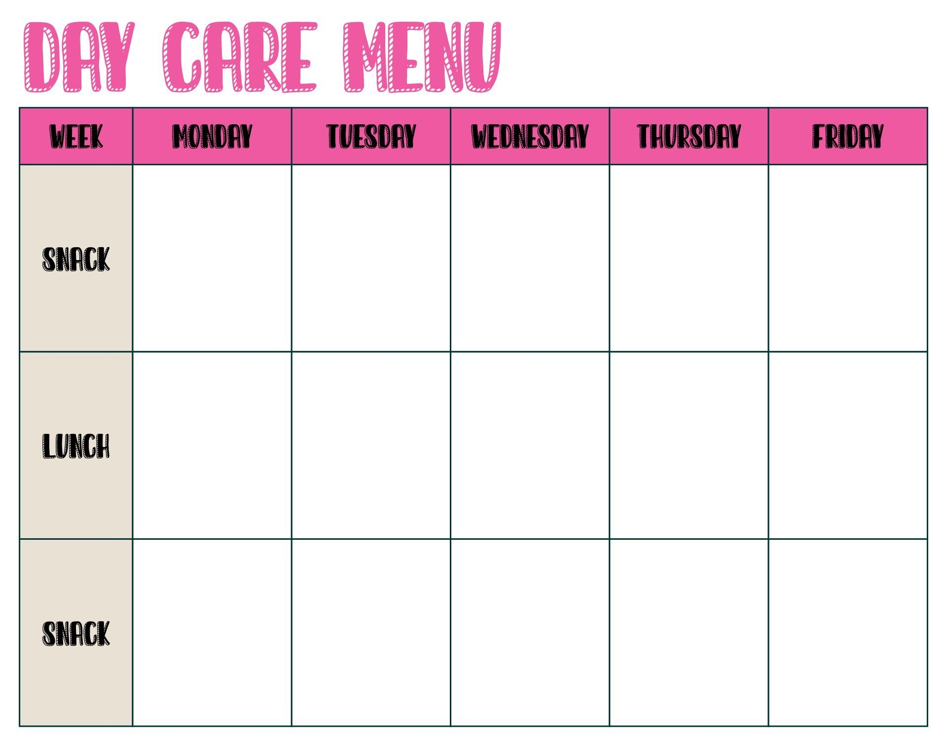 Printable Childcare Blank Menu Templates Weekly Menu Template Printable Childcare Blank Menu Templates Weekly Menu Template