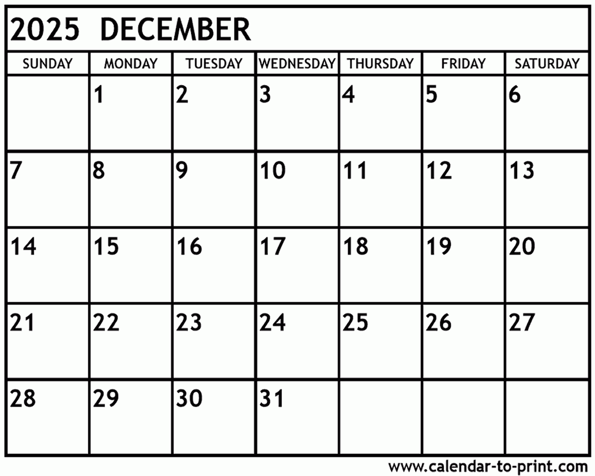 Printable Blank Calendar Template December 2025