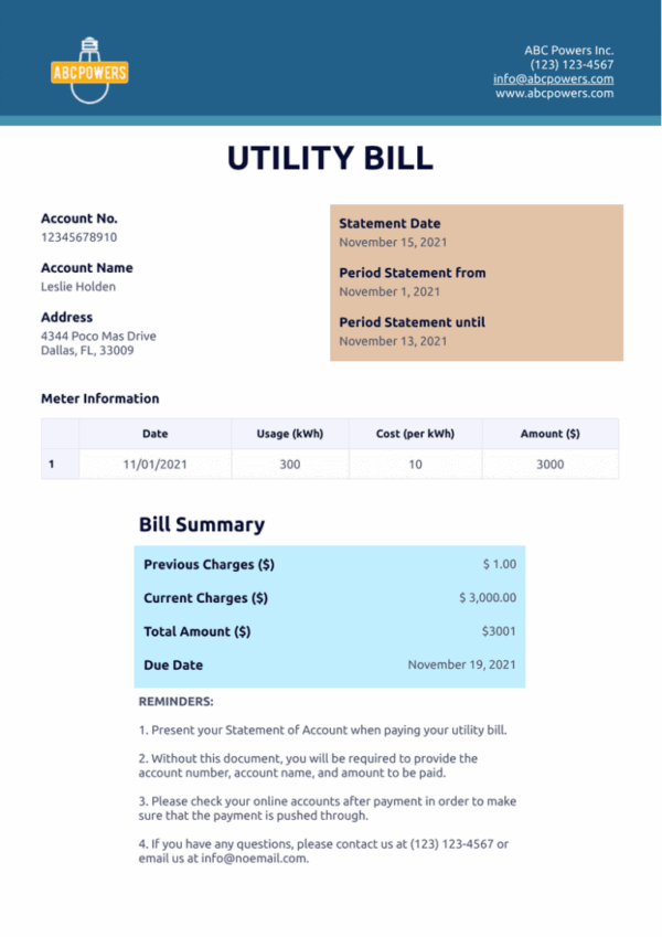 Printable Blank Utility Bill Template Water
