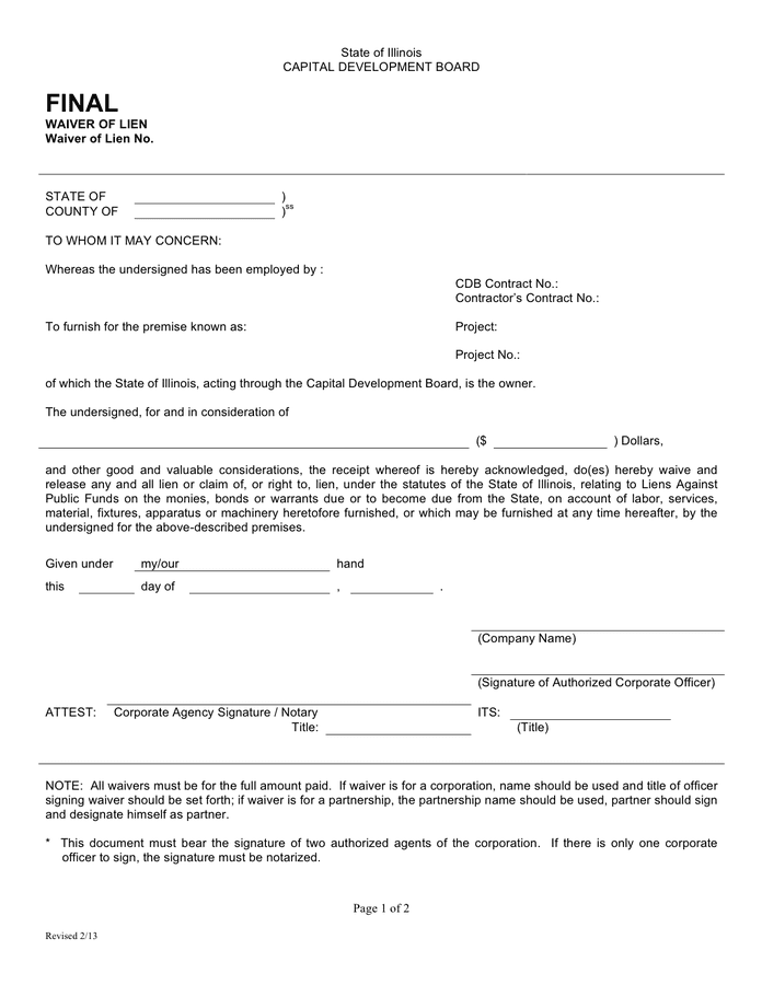 Printable Final Waiver Of Lien Illinois Printable Final Waiver Of Lien Illinois