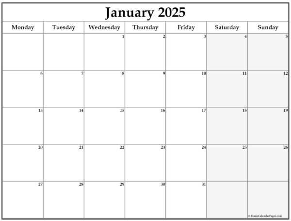 Printable Blank January 2025 Calendar Monday Start