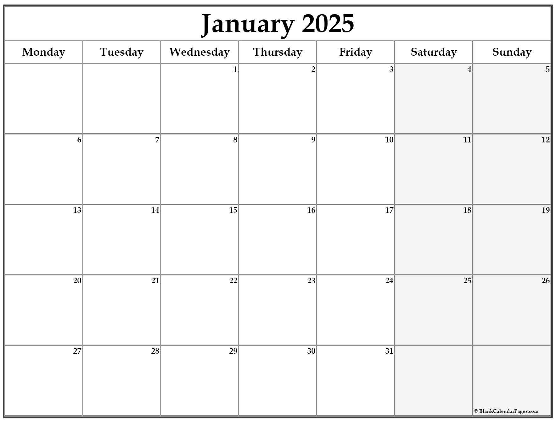 Printable January 2025 Calendar Starting Monday And Sunday Milton F 