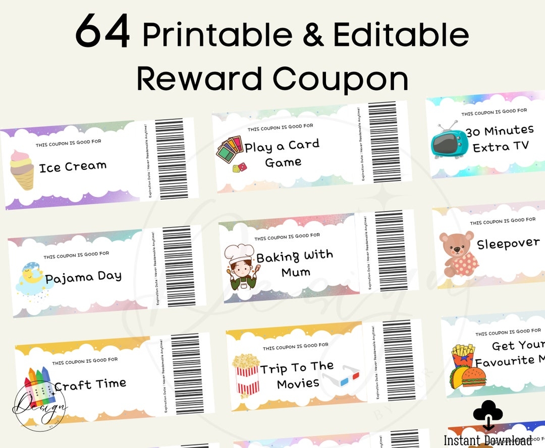 Printable Kids Reward Coupons Editable Reward Coupons Pre filled 