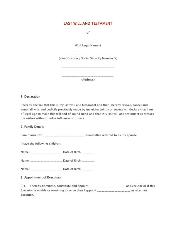 Blank Printable Last Will And Testament Forms