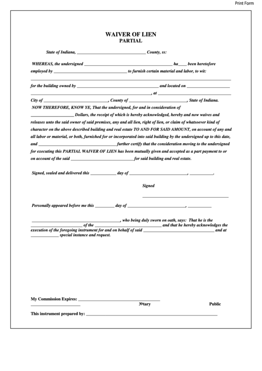 Printable Lien Waiver Form Printable Lien Waiver Form