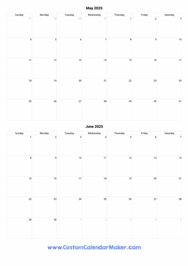 Printable Blank Calendar May And June 2025
