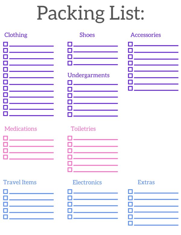 Packing For Vacation Blank Checklist Template Printable