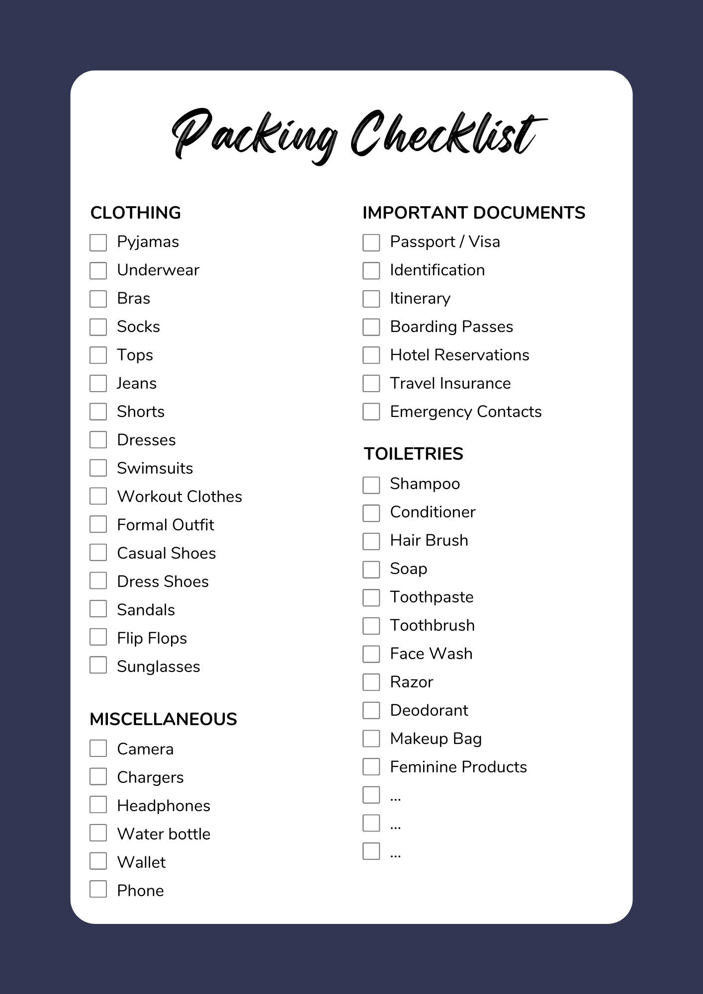 Printable Packing Checklist Blank Vacation Packing List Printable Printable Packing Checklist Blank Vacation Packing List Printable