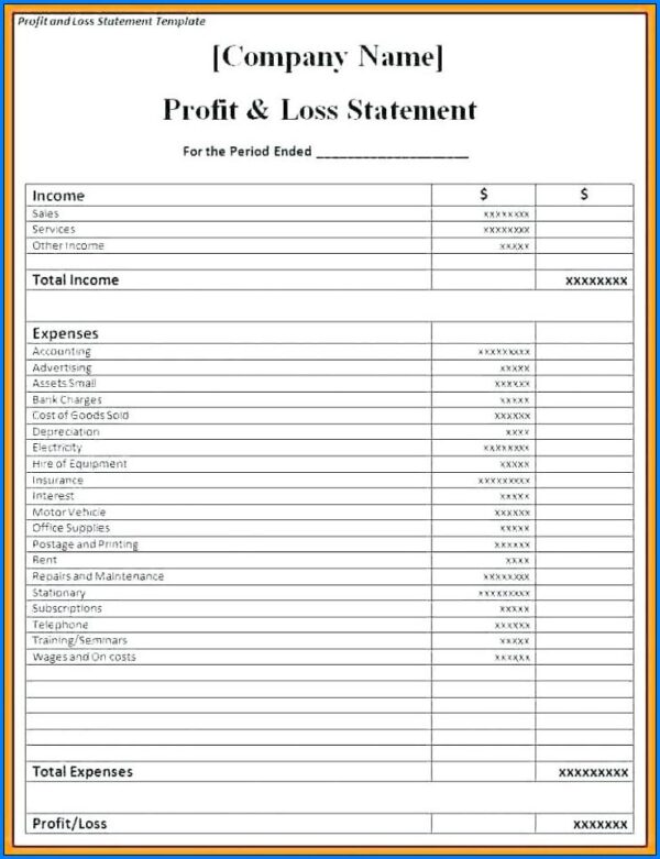 Printable Blank Profit And Loss Form