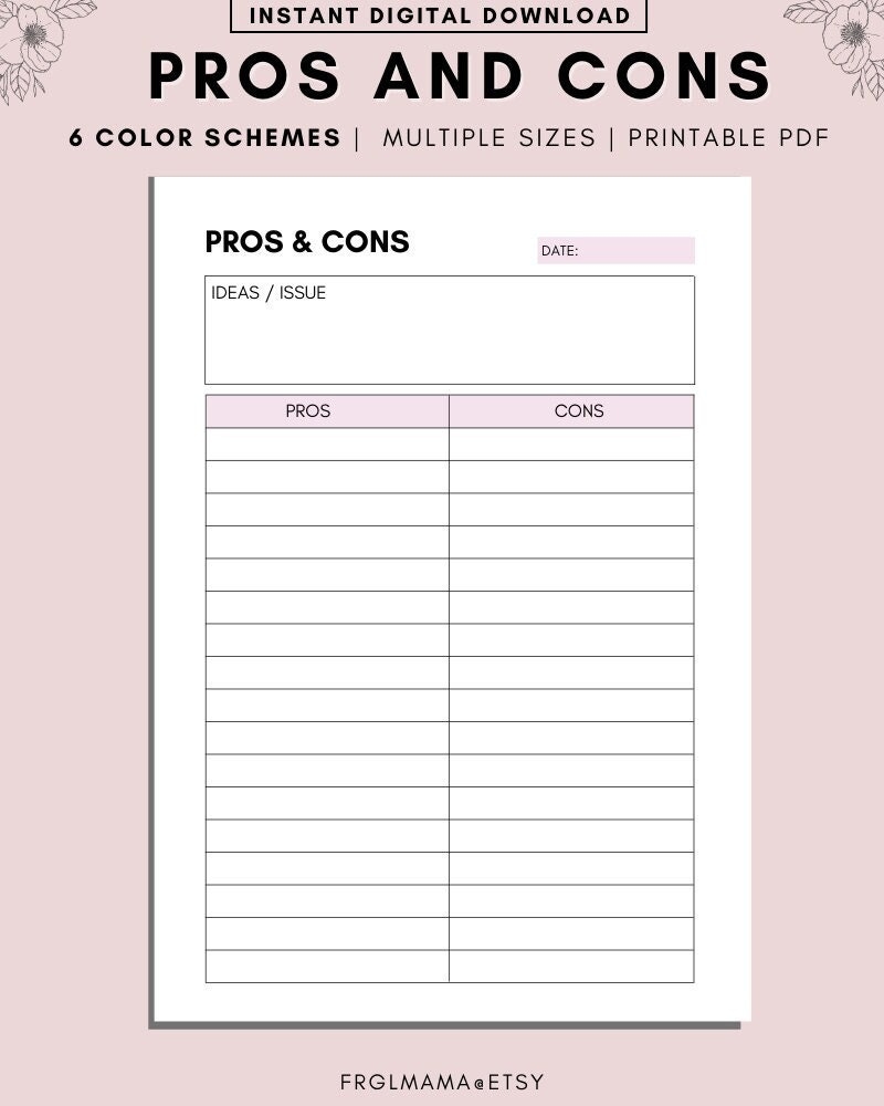 Printable Pros And Cons List Instant Download Print At Home Etsy UK