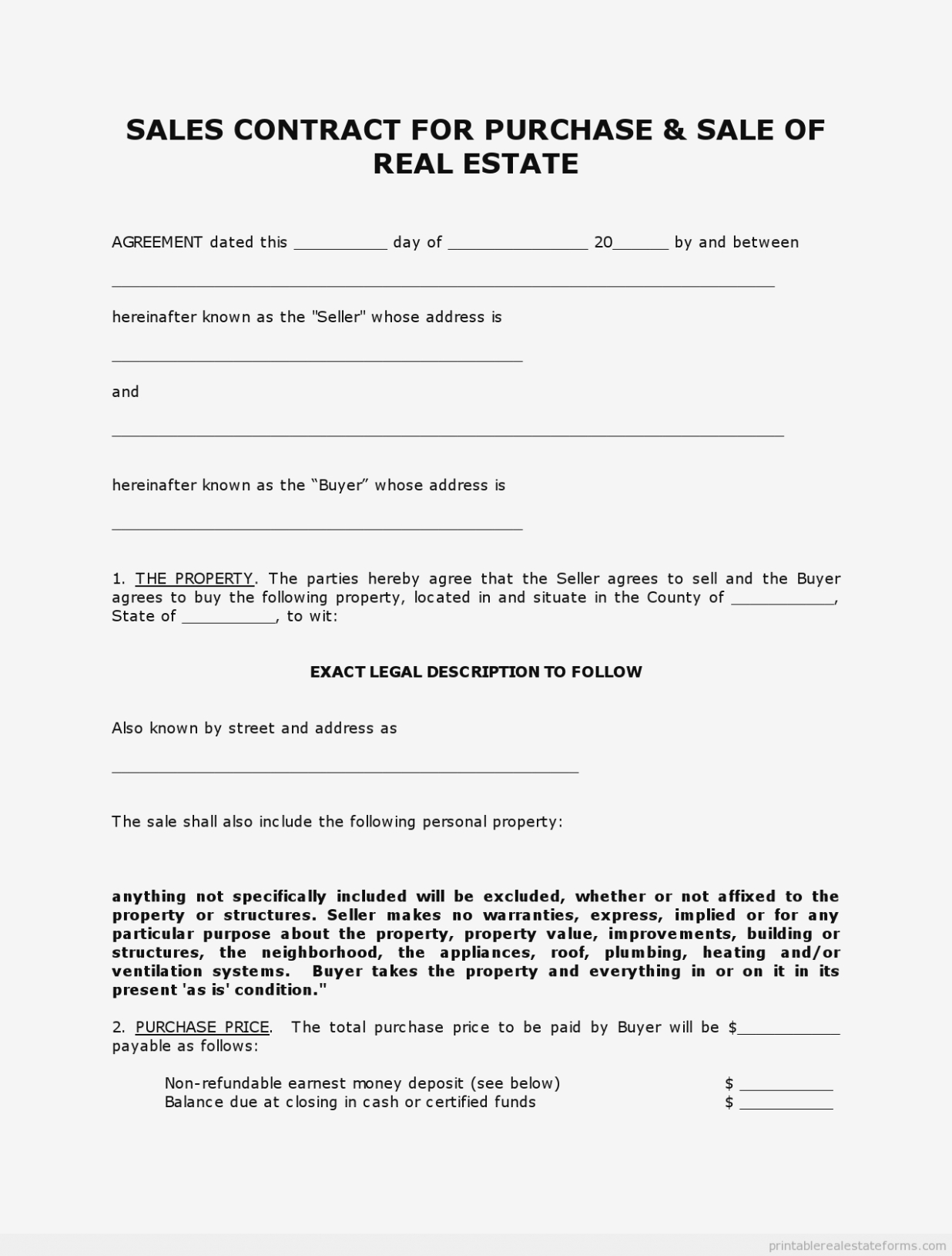 Free Blank Printable Real Estate Purchase Agreement